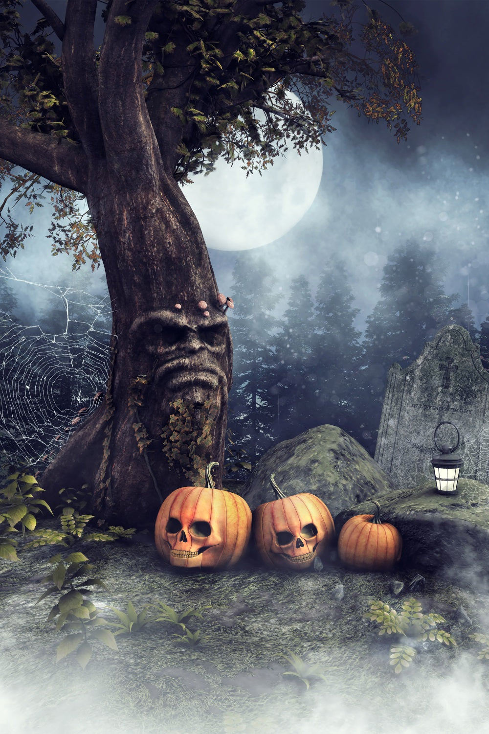 Sfondo Del Cimitero Di Halloween Albero Teschio Zucche Sfondo BRP10-227