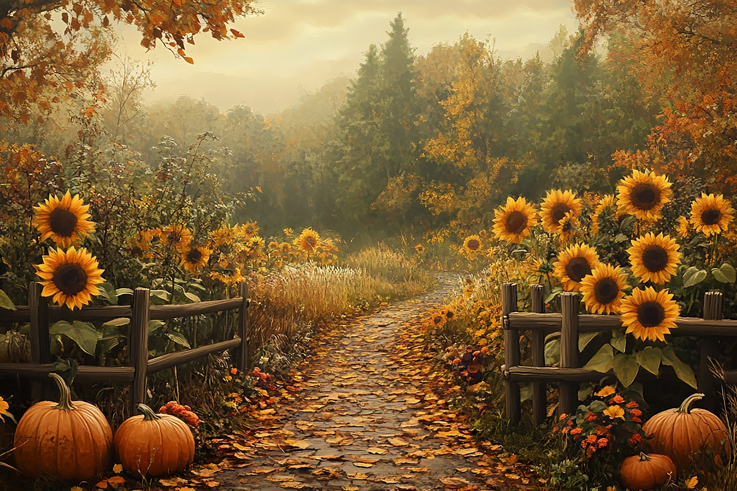 Fondali Autunnali Girasoli Zucche Sfondo Del Sentiero Nel Bosco BRP10-241