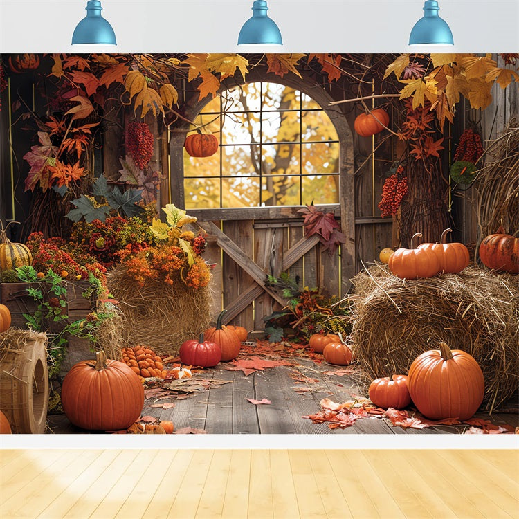 Sfondo Rustico Autunnale Con Zucche In Fienile E Pagliaio BRP10-255