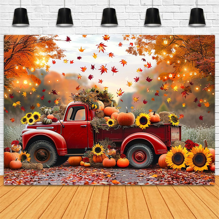 Sfondo Autunnale Camion Rosso Girasoli Zucche Sfondo BRP10-256