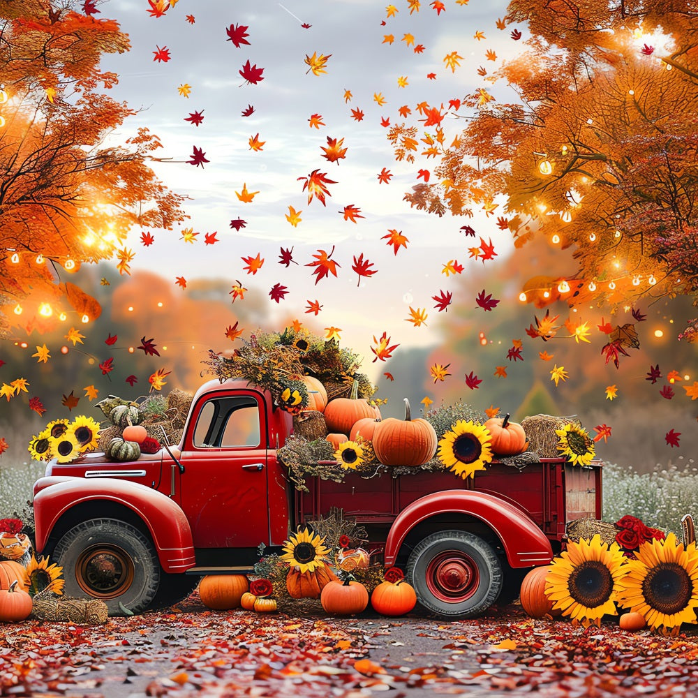 Sfondo Autunnale Camion Rosso Girasoli Zucche Sfondo BRP10-256