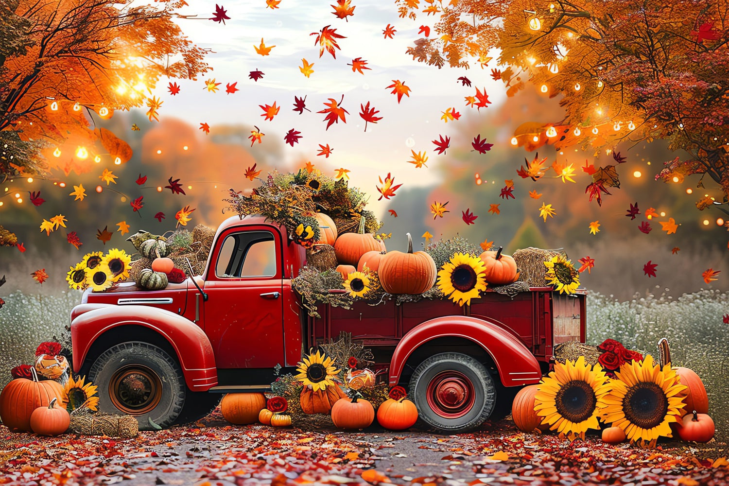 Sfondo Autunnale Camion Rosso Girasoli Zucche Sfondo BRP10-256