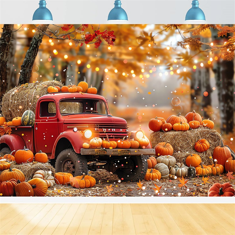Sfondo Fotografico Autunnale Camion Zucche Fieno Foresta Sfondo BRP10-258