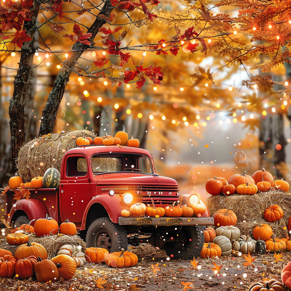 Sfondo Fotografico Autunnale Camion Zucche Fieno Foresta Sfondo BRP10-258