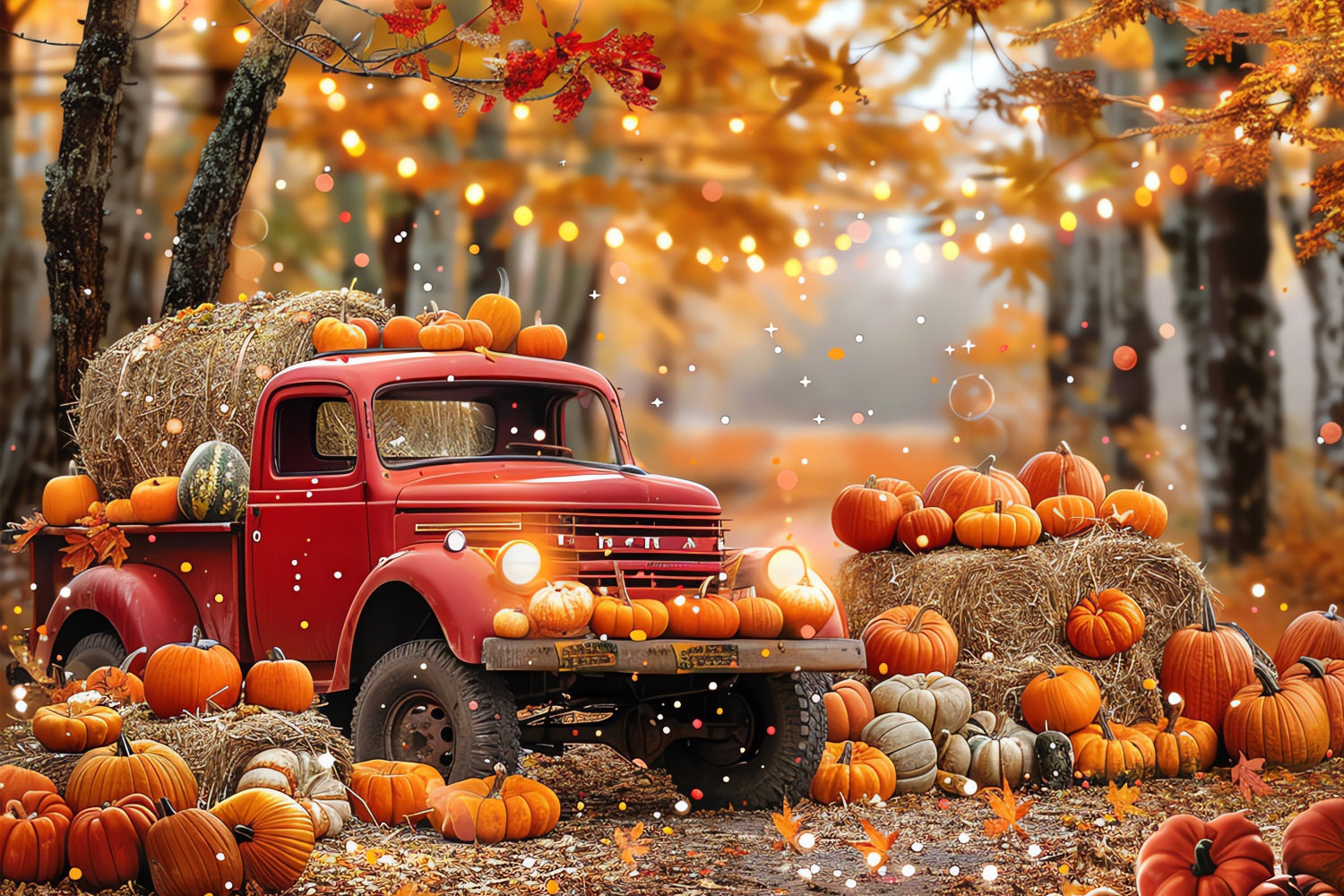 Sfondo Fotografico Autunnale Camion Zucche Fieno Foresta Sfondo BRP10-258