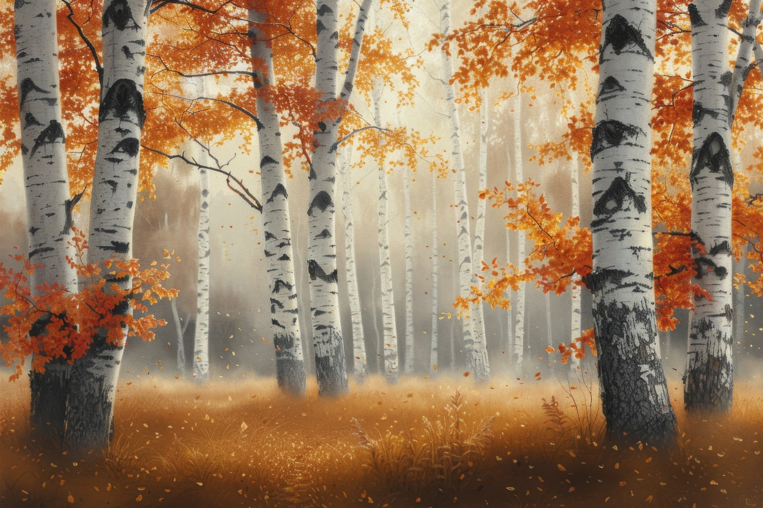 Sfondo Fotografico Autunnale Foschia Mattutina Sfondo Foresta Di Betulle BRP10-262
