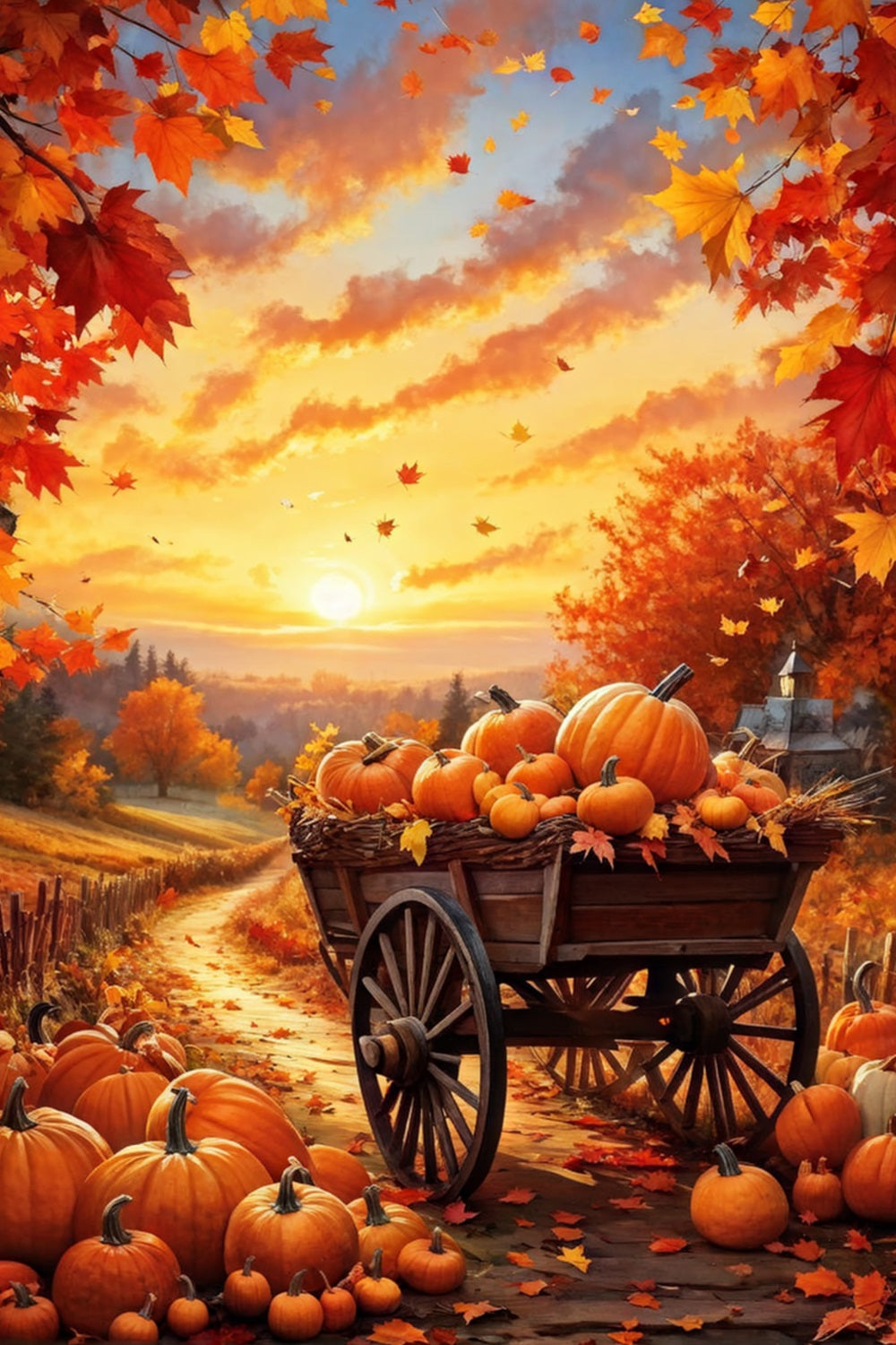 Fondali Fotografici Autunnali Sfondo Del Tramonto Del Carro Della Zucca Percorso Del Tramonto BRP10-264
