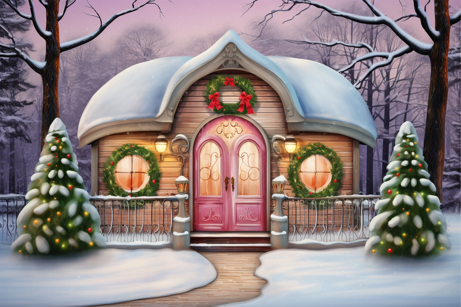 Sfondo Delle Vacanze Decorate Con Cottage Rosa Magico Invernale BRP10-28