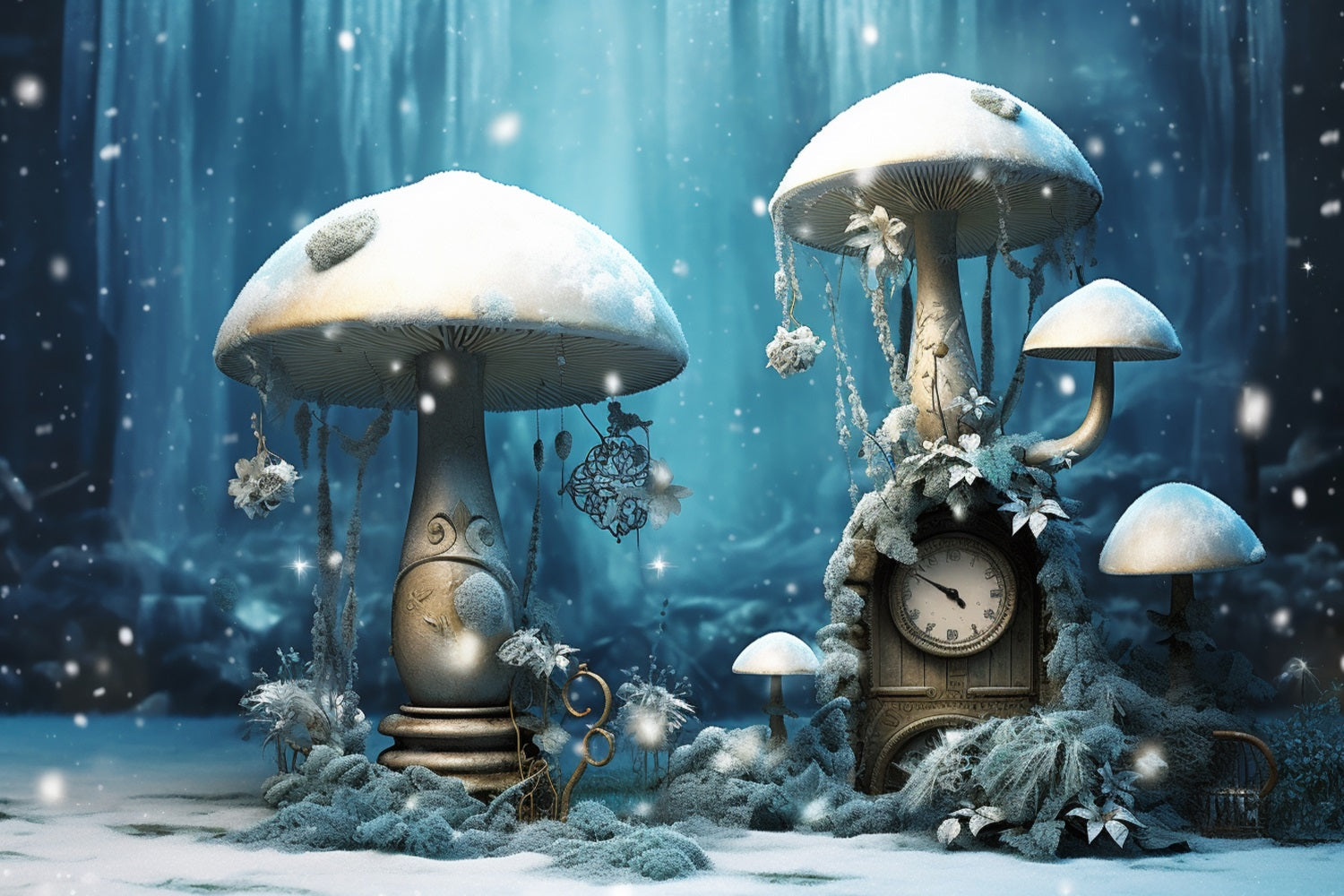 Funghi Invernali Innevati Orologio Vintage Sfondo Forestale BRP10-30