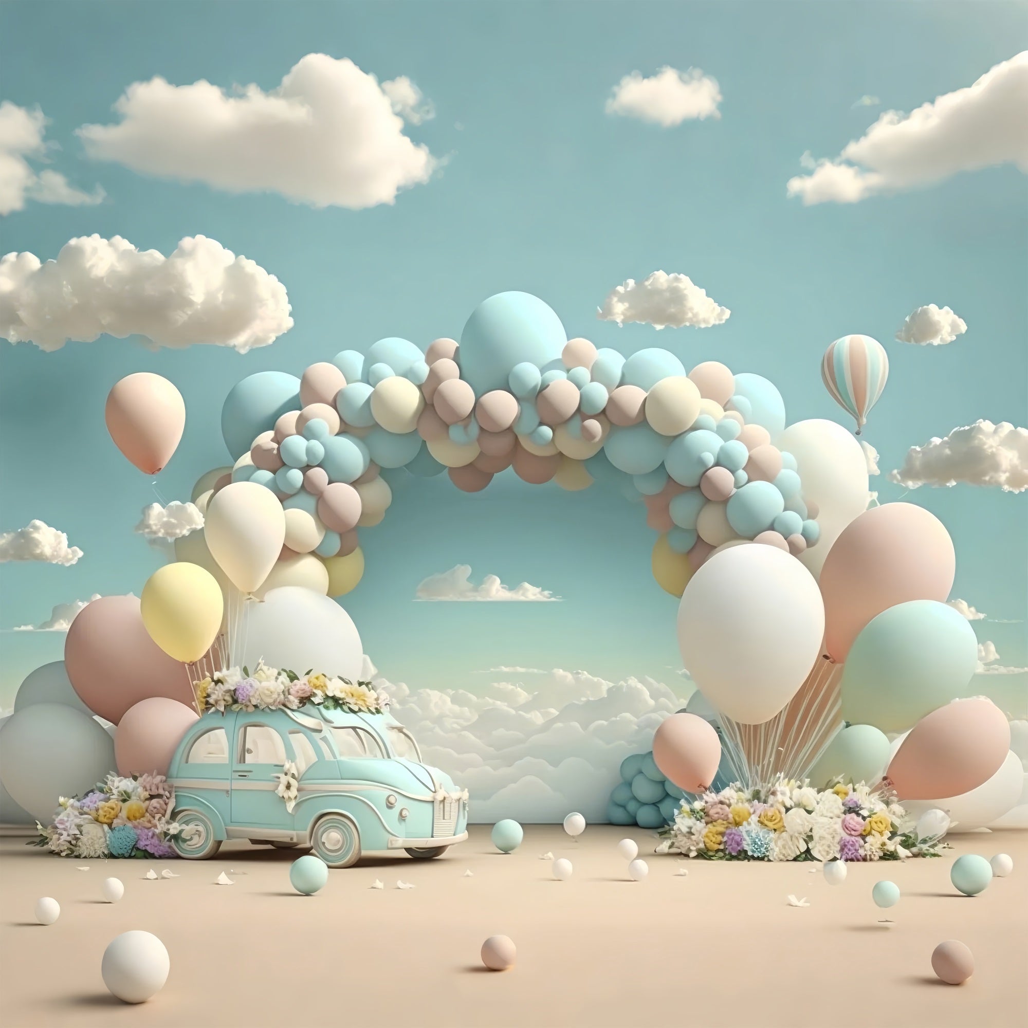 Sfondo Per Il Compleanno Sfondo Di Nuvole Di Palloncini Per Auto D'Epoca BRP10-341