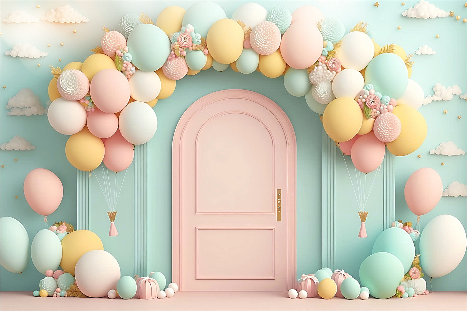 Fondali Di Buon Compleanno Arco Di Palloncini Sfondo Porta Rosa BRP10-347