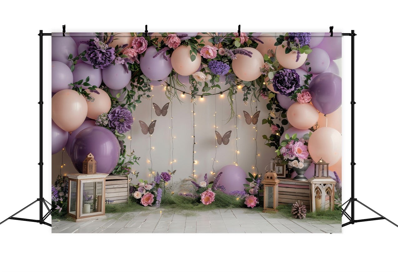 Buon Compleanno Sfondo Rosa Palloncini Farfalla Fiori Sfondo BRP10-355