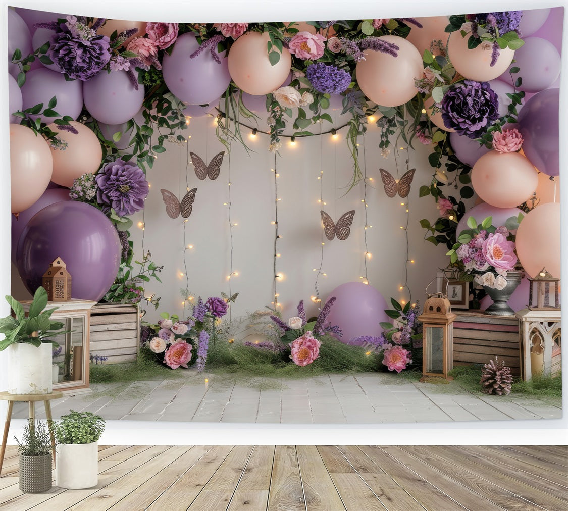 Buon Compleanno Sfondo Rosa Palloncini Farfalla Fiori Sfondo BRP10-355