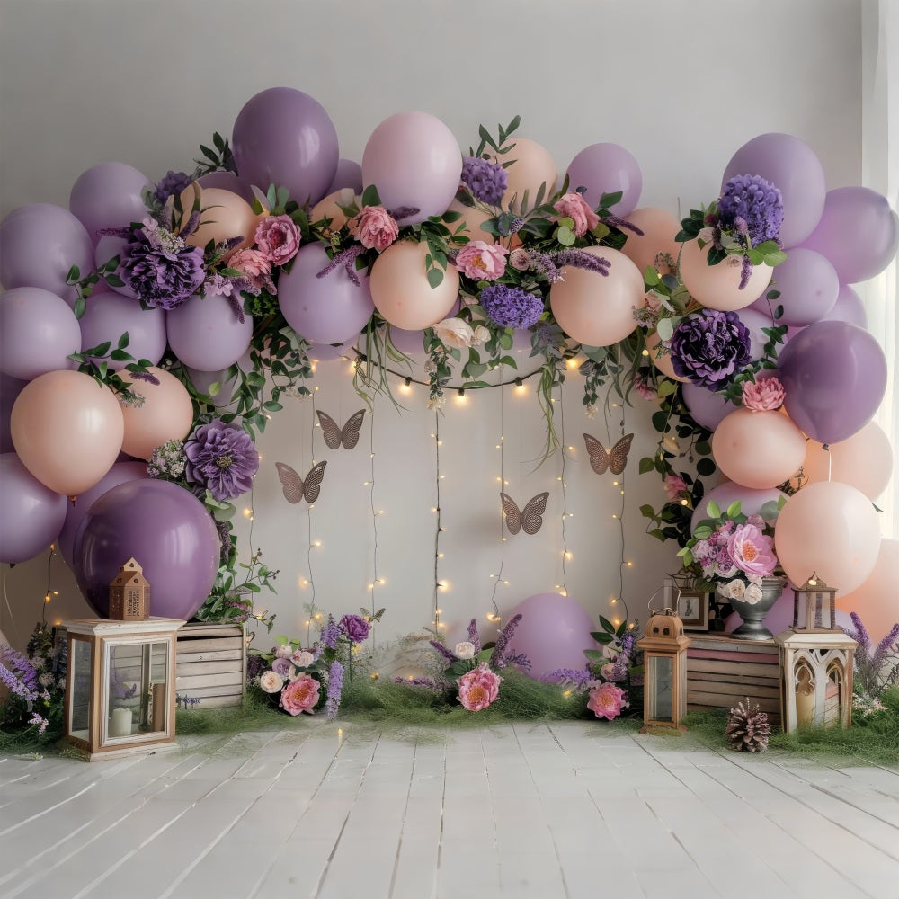 Buon Compleanno Sfondo Rosa Palloncini Farfalla Fiori Sfondo BRP10-355