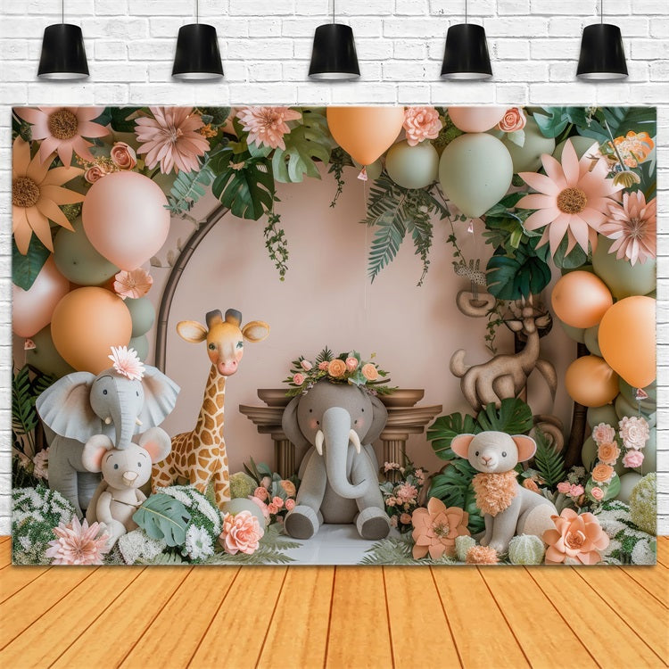 Sfondo Per Cabina Fotografica Compleanno Con Palloncino A Tema Giungla Con Animali BRP10-362