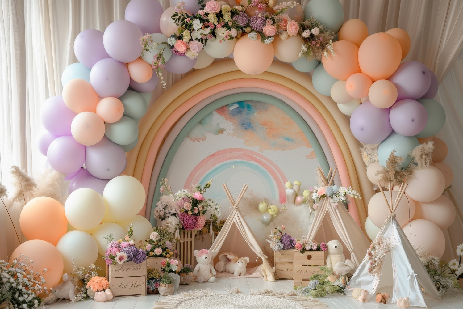 Idee Per Lo Sfondo Di Compleanno Fai Da Te Sfondo Per Teepee Con Palloncino Arcobaleno BRP10-365