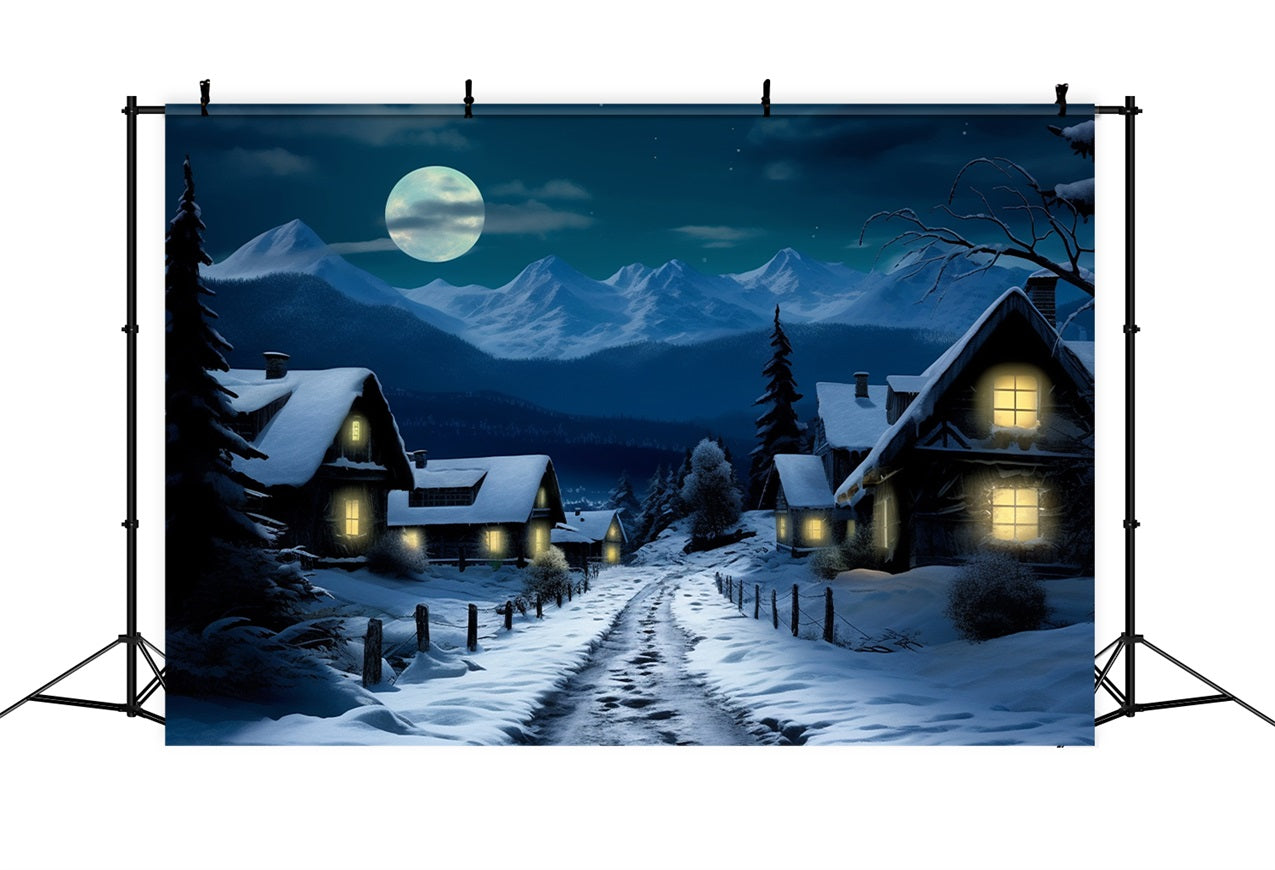 Sfondo Della Luna Piena Del Villaggio Innevato Invernale BRP10-38