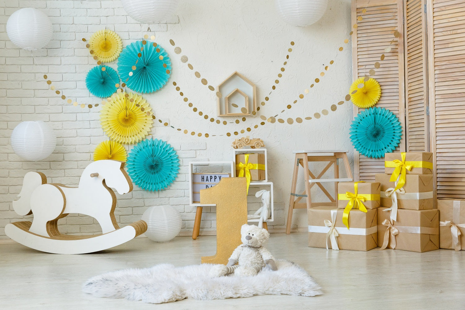 Sfondo Di Buon Primo Compleanno Con Cavallo A Dondolo Sfondo BRP10-386