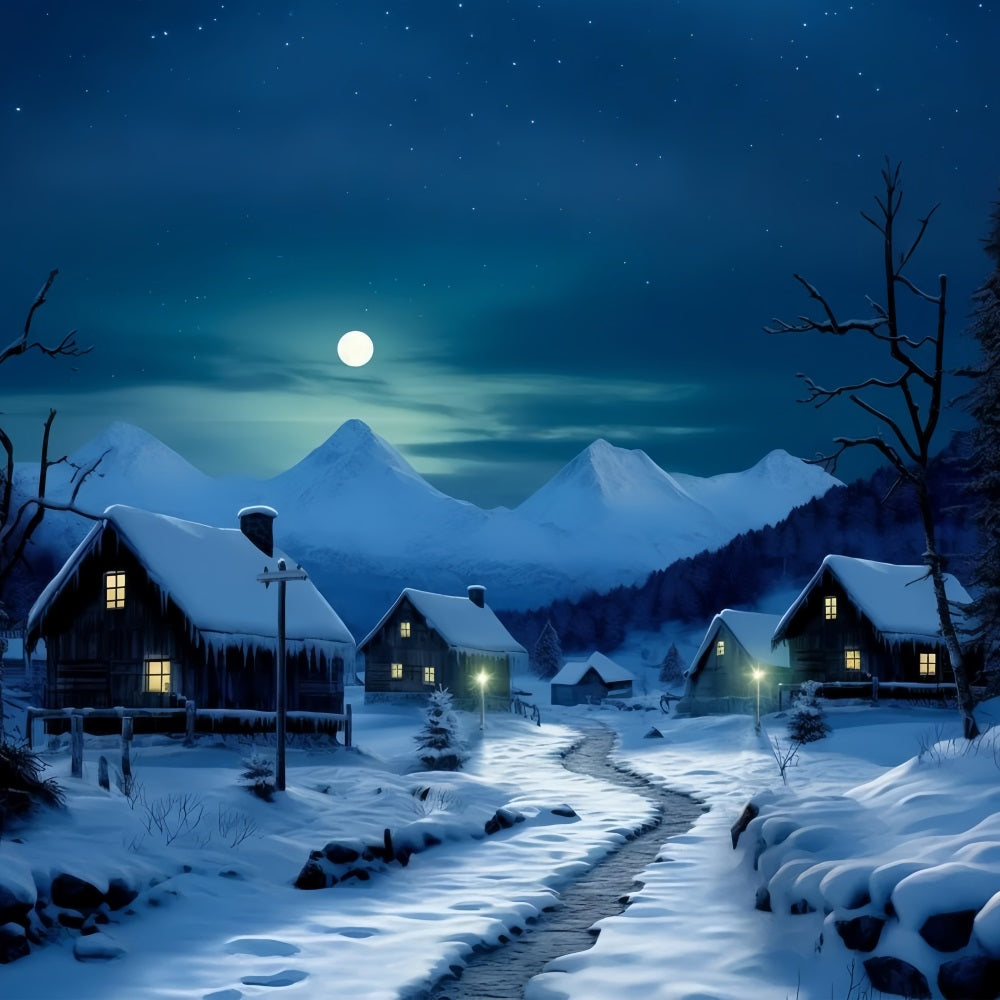 Sfondo Di Accoglienti Cottage Innevati Con Strada Al Chiaro Di Luna Invernale BRP10-39