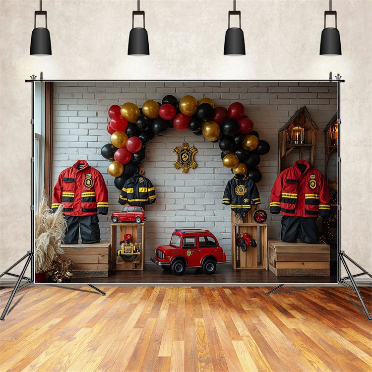 Sfondo Festa Di Compleanno Uniformi Da Vigile Del Fuoco Palloncini Sfondo Camion BRP10-403