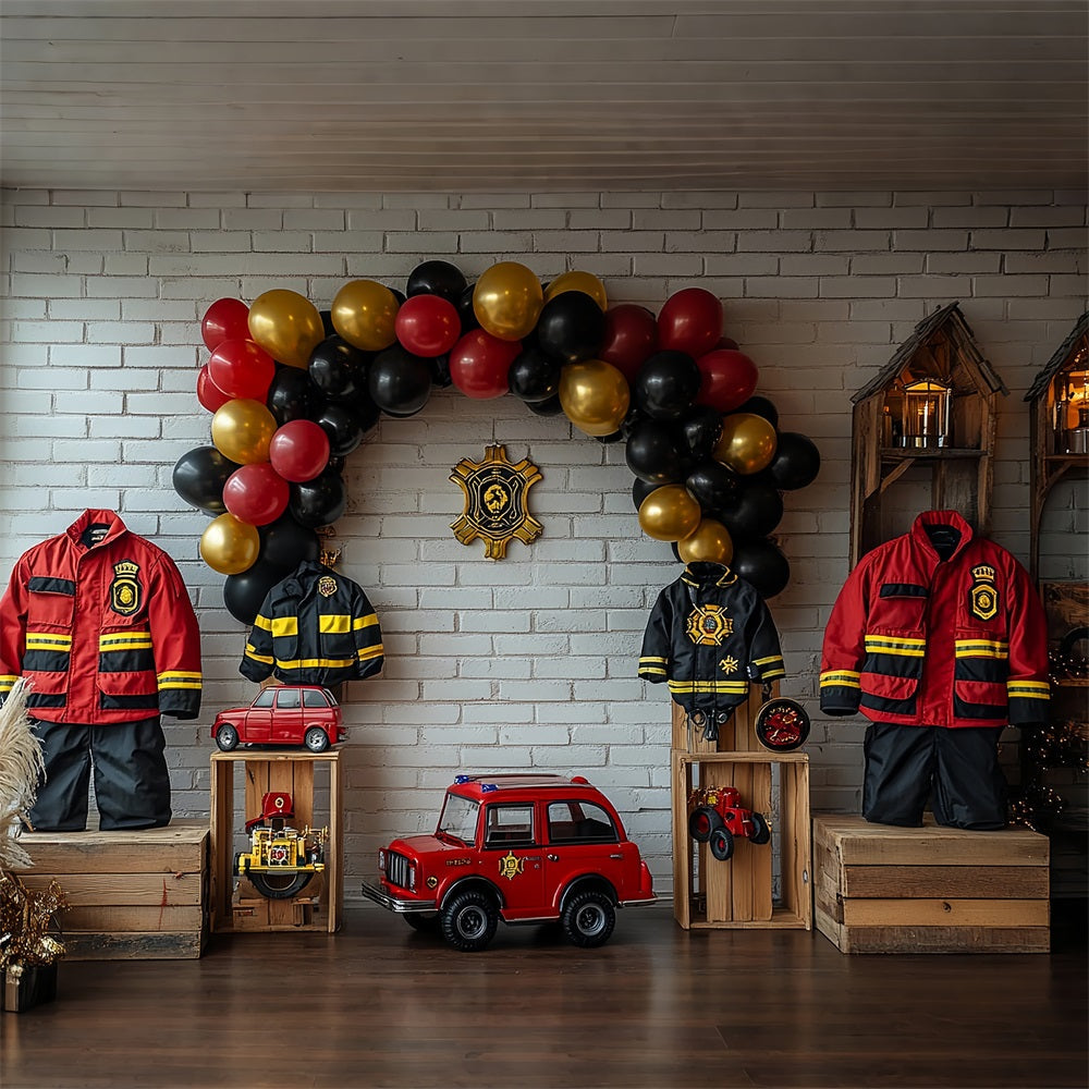 Sfondo Festa Di Compleanno Uniformi Da Vigile Del Fuoco Palloncini Sfondo Camion BRP10-403