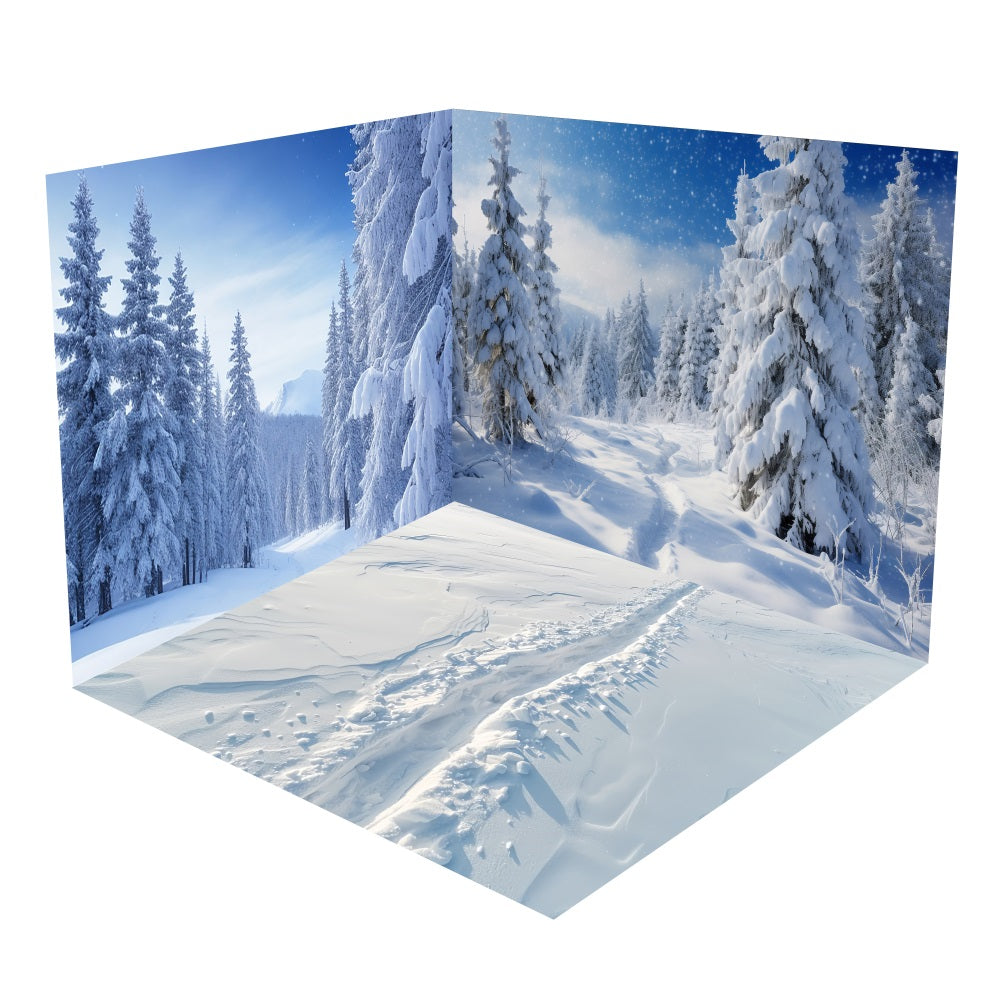 Set Camera Con Sfondo Cielo Blu Pini Innevati Invernali BRP10-414
