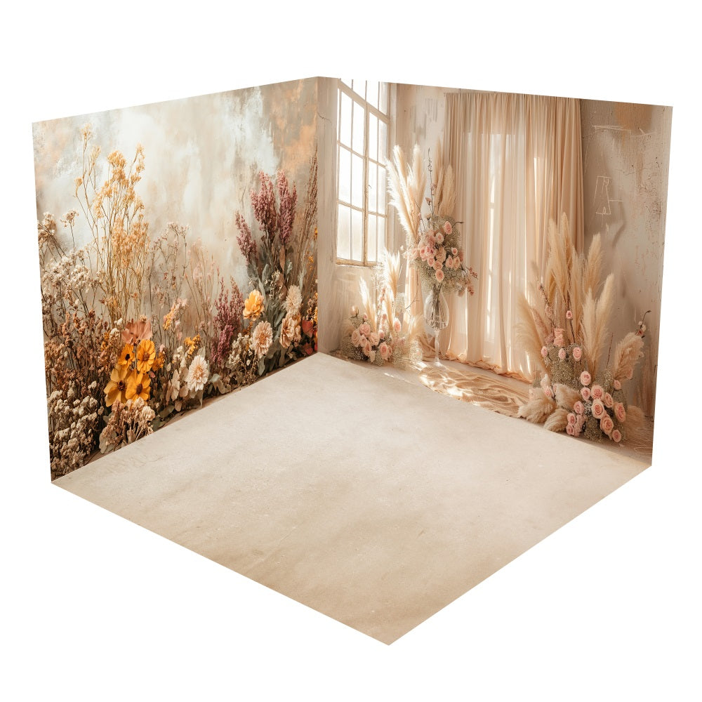 Set Camera Da Letto Sullo Sfondo Dei Raggi Del Sole Con Tende Floreali Boho BRP10-421