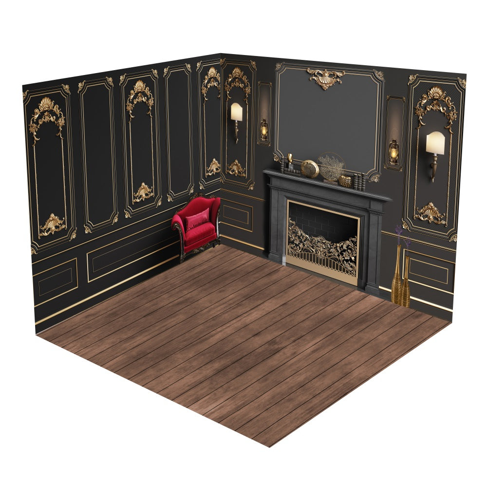 Set Da Camera Con Sfondo Per Camino Con Poltrona Da Parete Nera Retro BRP10-425