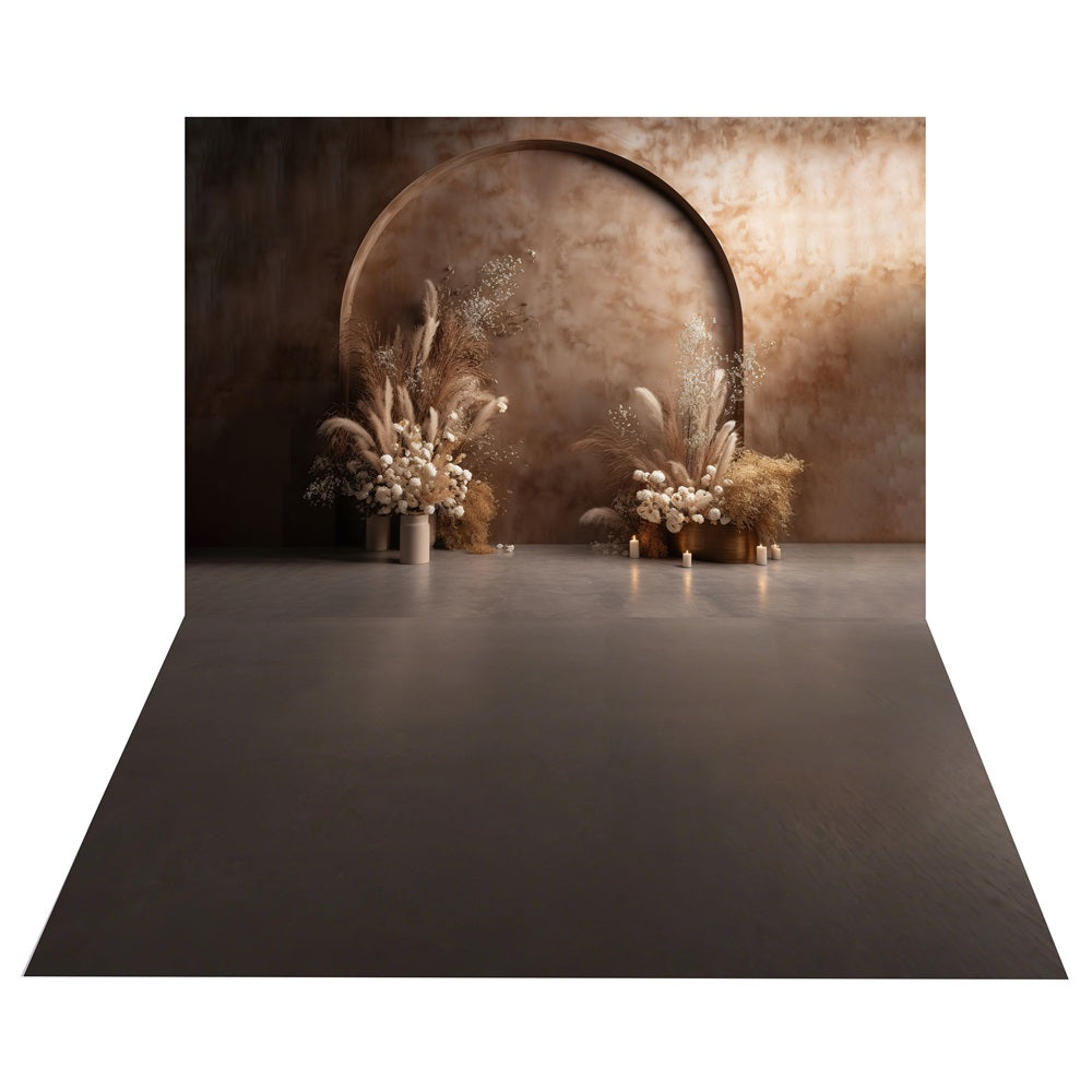 Sfondo Con Decorazioni Floreali Ad Arco Boho+Sfondo Rustico Scuro Per Pavimento BRP10-481