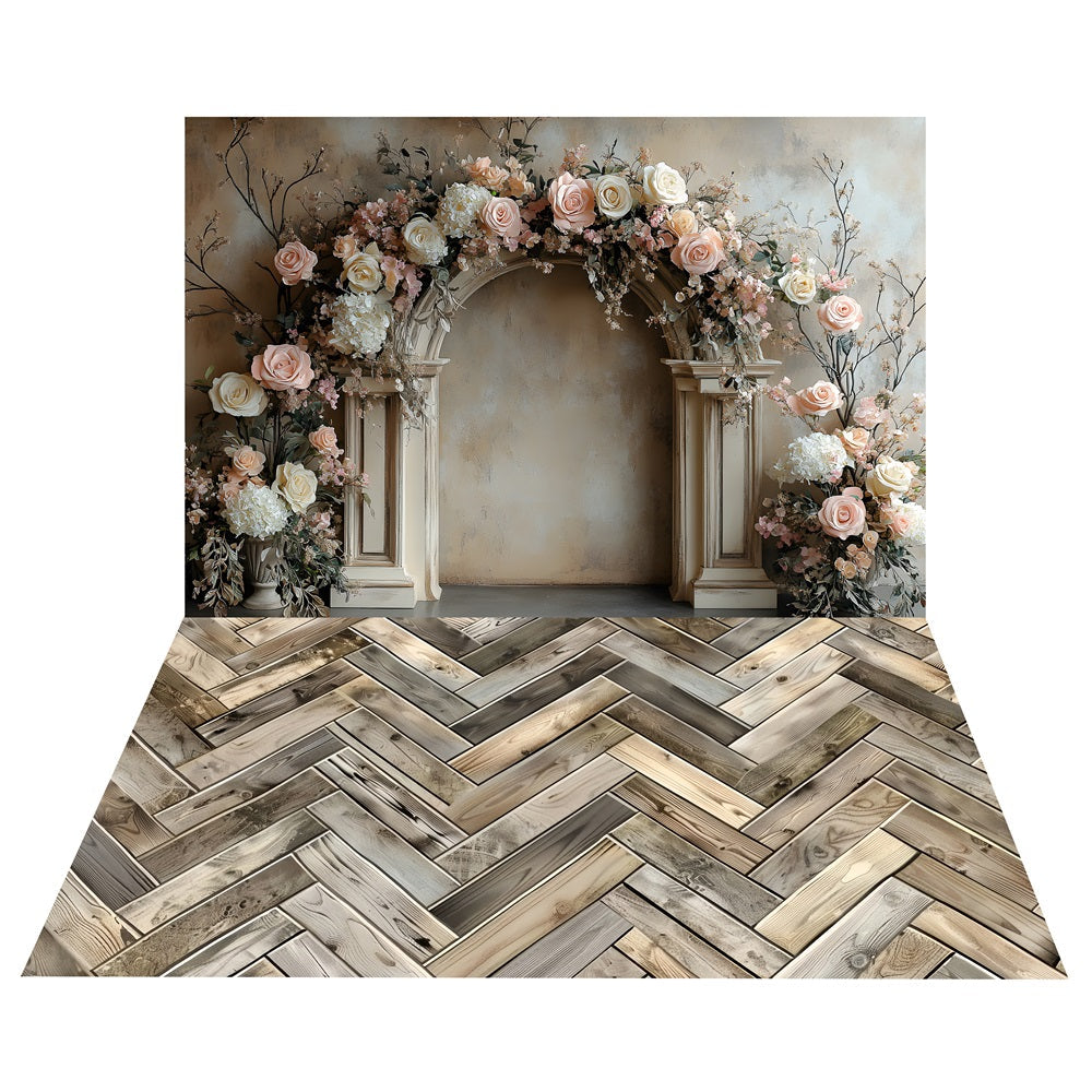 Sfondo Boho Con Rose Ad Arco Francese+Sfondo Per Pavimento In Legno A Spina Di Pesce BRP10-501