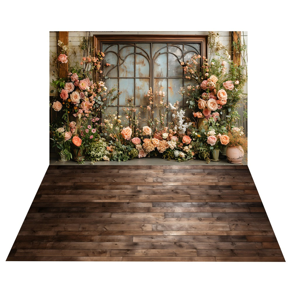 Sfondo Per Finestra Con Fiori Romantici Boho+Sfondo Per Pavimento In Legno BRP10-504