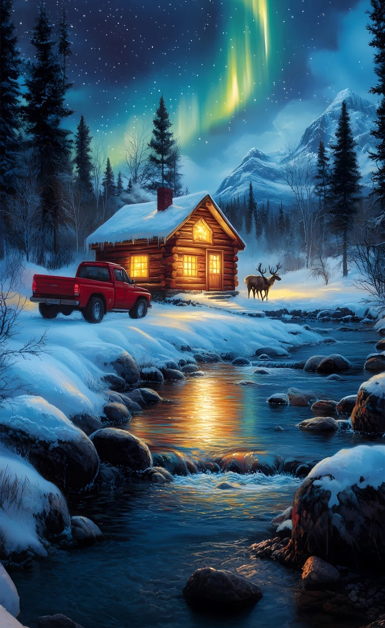 Inverno Snowy Cabin Sweep Aurora River Sfondo BRP10-556