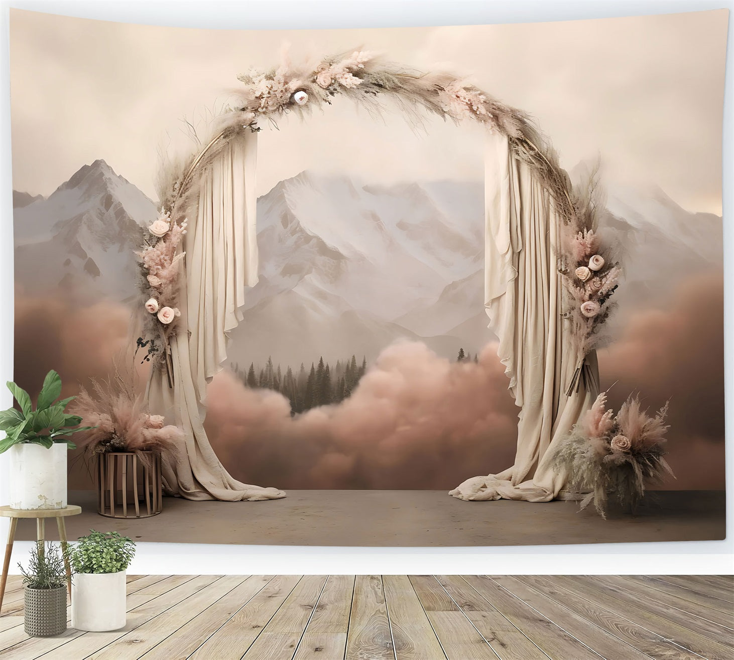 Sfondo Boho Arco Drappeggiato Montagne Sfondo Floreale BRP10-584