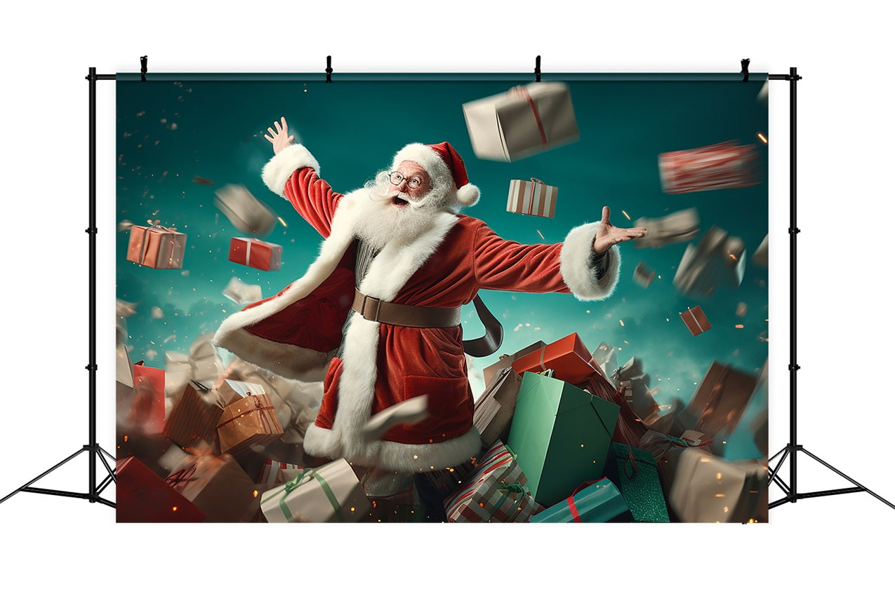 Sfondo Fotografico Natalizio Babbo Natale Che Lancia I Regali Sullo Sfondo BRP11-106