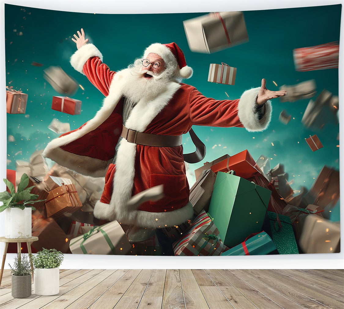 Sfondo Fotografico Natalizio Babbo Natale Che Lancia I Regali Sullo Sfondo BRP11-106