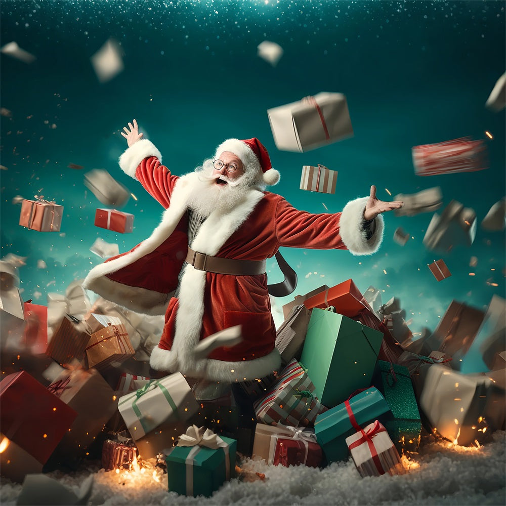 Sfondo Fotografico Natalizio Babbo Natale Che Lancia I Regali Sullo Sfondo BRP11-106