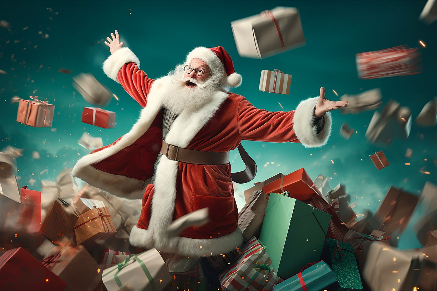 Sfondo Fotografico Natalizio Babbo Natale Che Lancia I Regali Sullo Sfondo BRP11-106