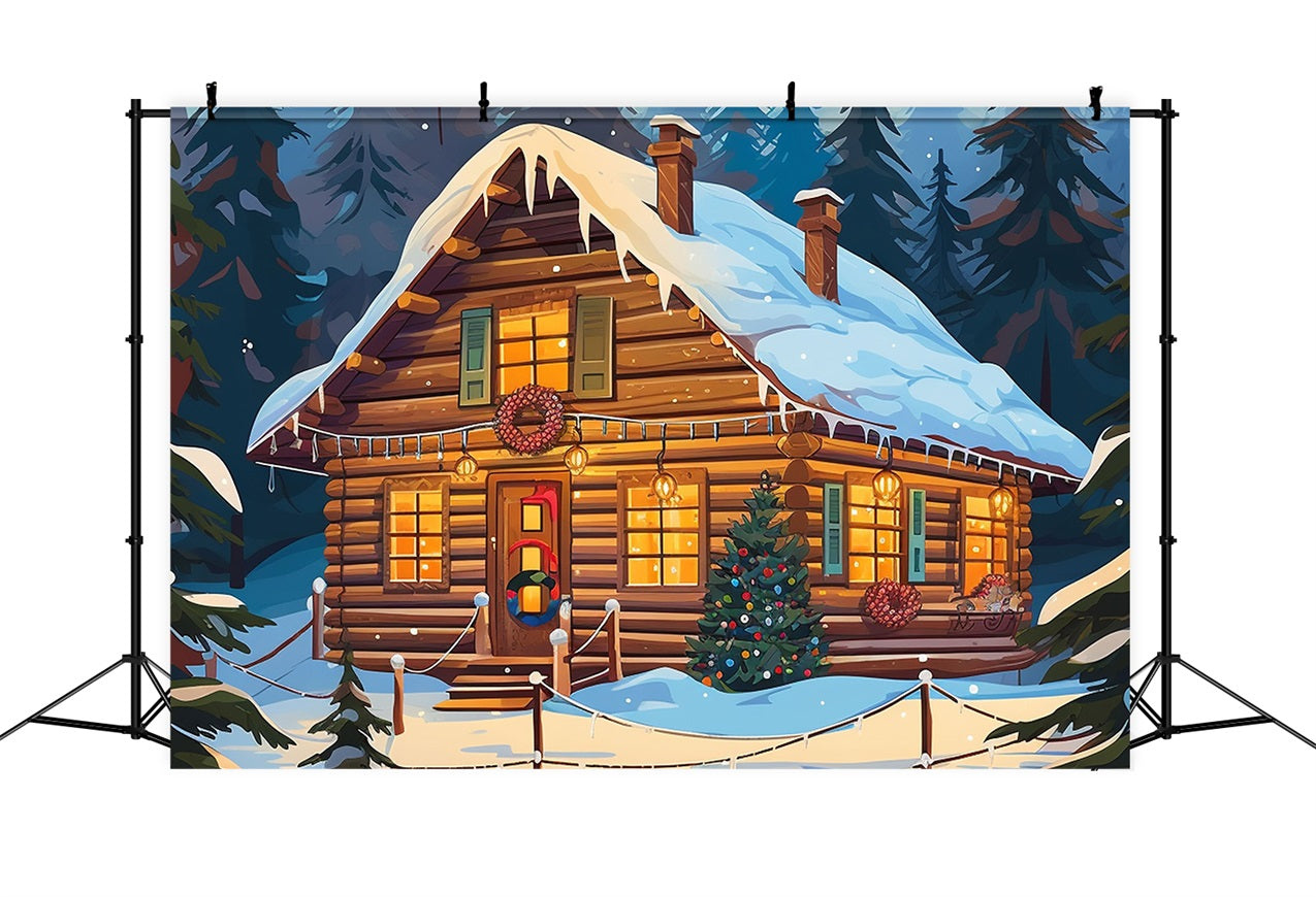 Sfondo Fotografico Natalizio Cabina Foresta Innevata Sfondo BRP11-156