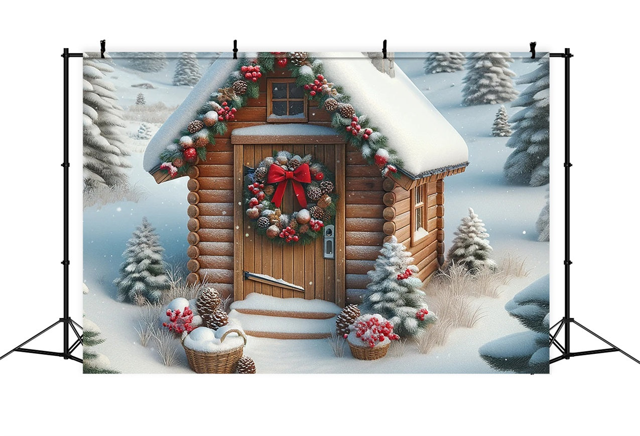 Sfondo Natale Cabina Spolverata Di Neve Sfondo Con Ghirlanda Vibrante BRP11-157