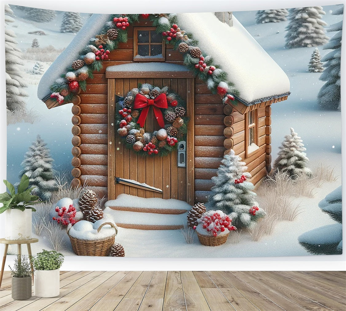 Sfondo Natale Cabina Spolverata Di Neve Sfondo Con Ghirlanda Vibrante BRP11-157