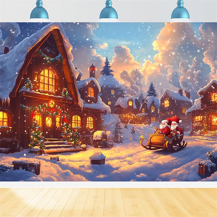 Fondali Fotografici Natale Slitta Di Babbo Natale Luci Del Villaggio Sfondo BRP11-159