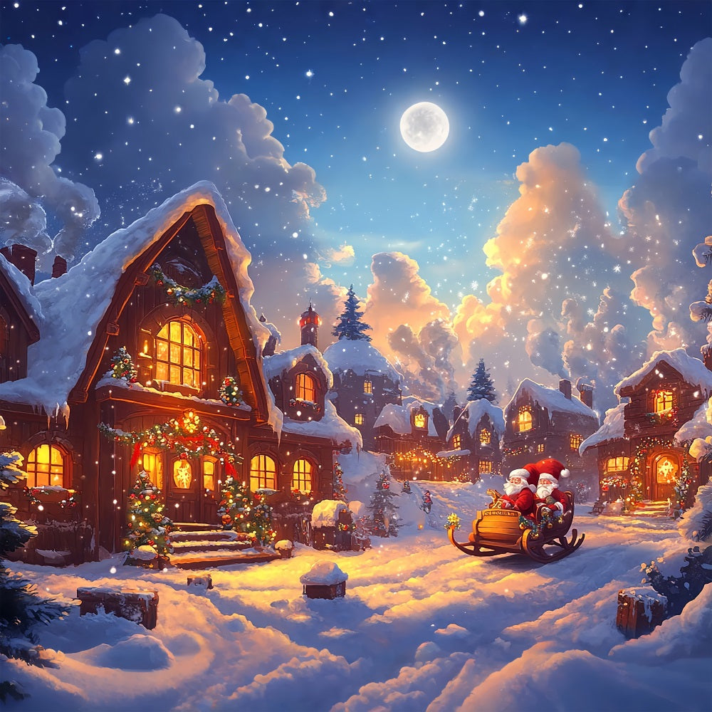 Fondali Fotografici Natale Slitta Di Babbo Natale Luci Del Villaggio Sfondo BRP11-159