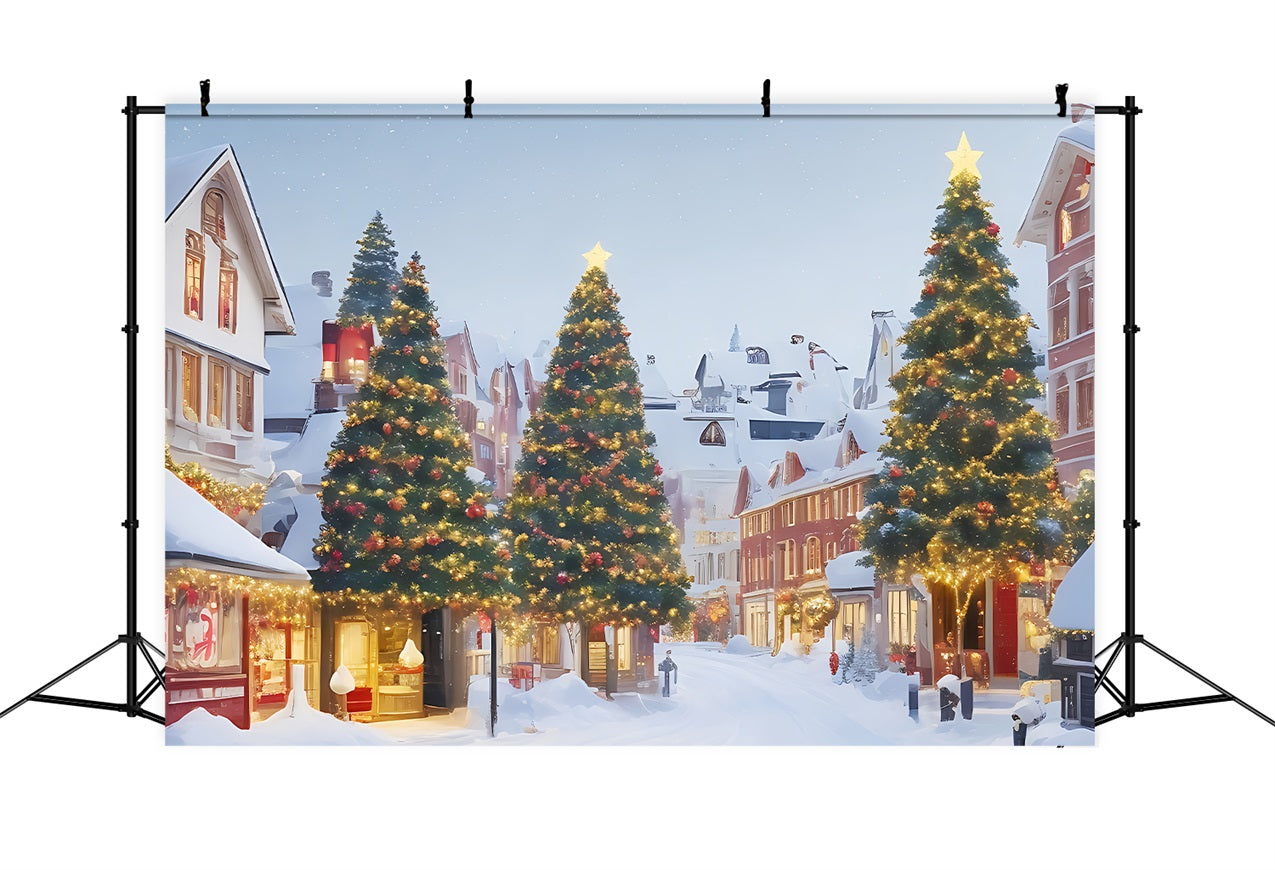 Sfondo Del Villaggio Di Natale Scena Innevata Sfondo Di Alberi Illuminati BRP11-166