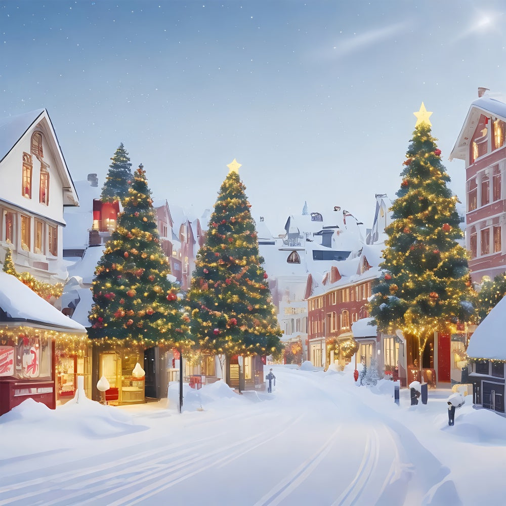 Sfondo Del Villaggio Di Natale Scena Innevata Sfondo Di Alberi Illuminati BRP11-166