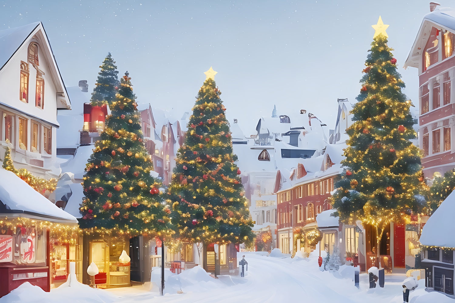 Sfondo Del Villaggio Di Natale Scena Innevata Sfondo Di Alberi Illuminati BRP11-166