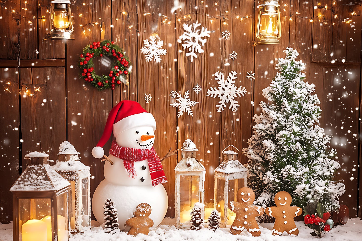 Sfondo Fotografico Di Buon Natale Lanterna Pupazzo Di Neve Sfondo Albero BRP11-177