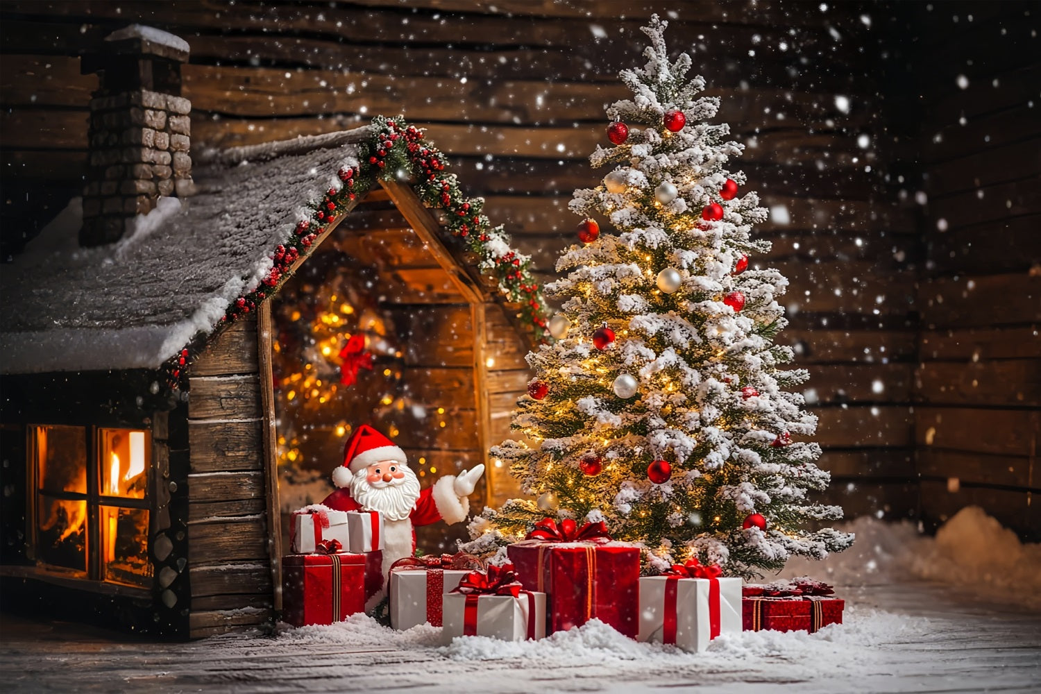 Sfondo Dell'Albero Di Natale Sfondo Della Cabina Di Babbo Natale Innevato BRP11-179