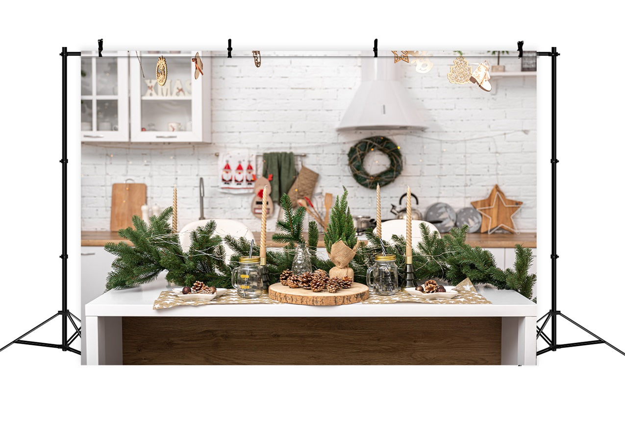 Sfondo Fotografico Natalizio Isola Della Cucina Pigne Candele Sfondo BRP11-185