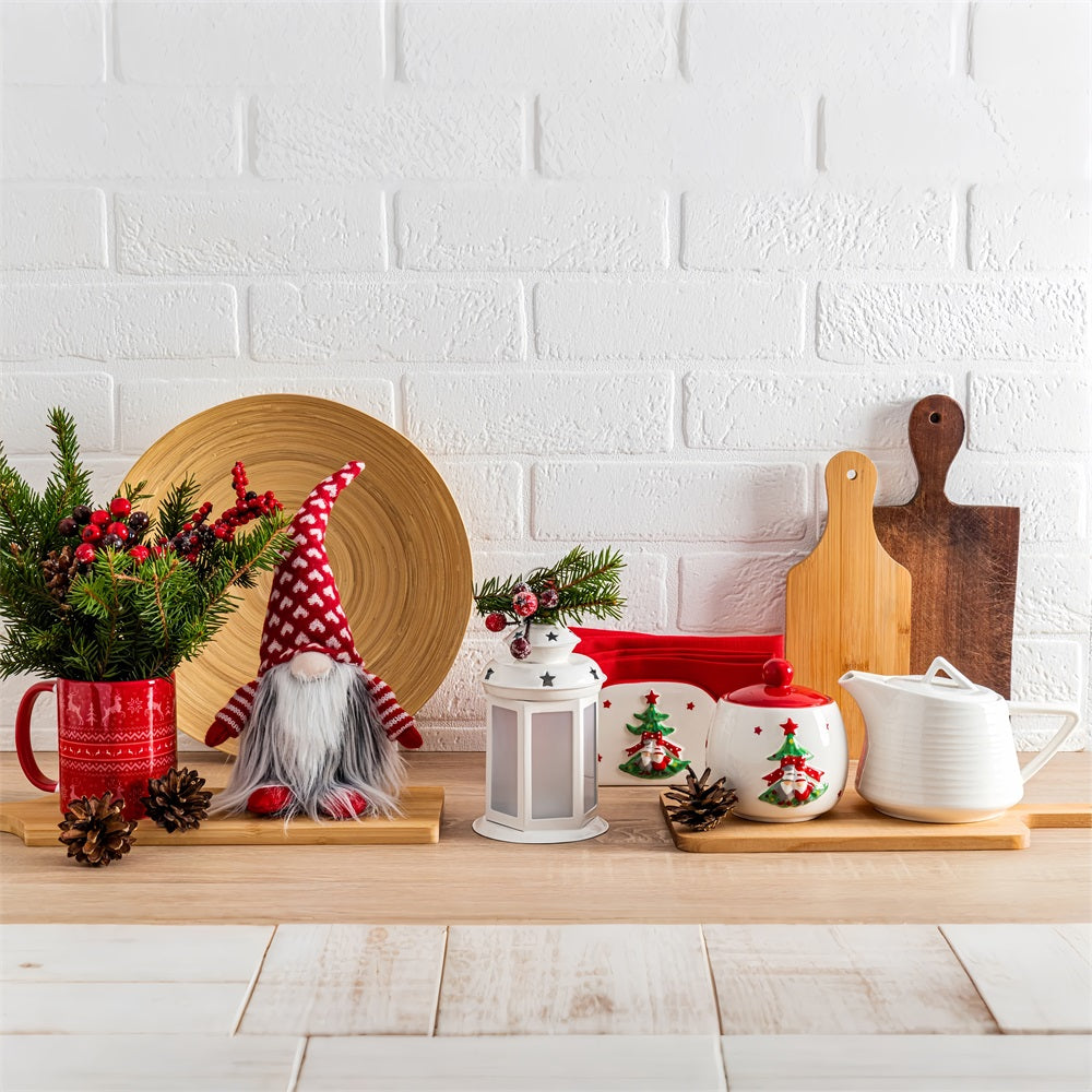 Fondali Fotografici Di Natale Gnomo Da Cucina Sfondo Rosso Con Tazza BRP11-189