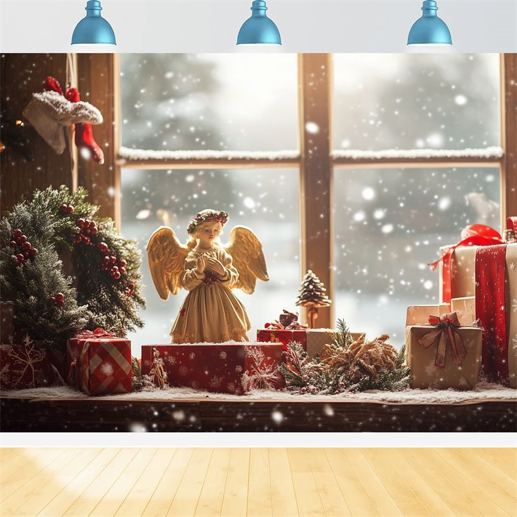 Sfondo Per Lo Sfondo Della Ghirlanda Di Fiocchi Di Neve Della Finestra Dell'Angelo Di Natale BRP11-203